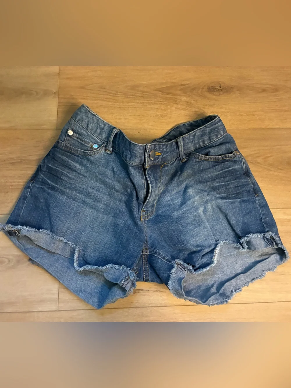 Express Women's Distressed Mid-Blue Denim Cutoff Shorts
